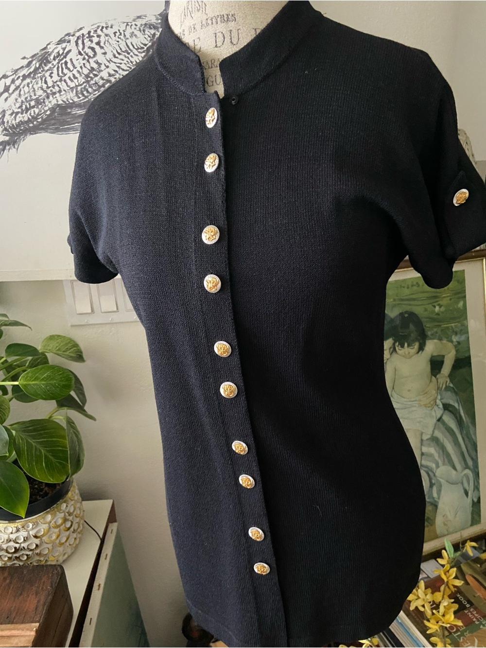 St. John Black Short-Sleeve Knit Top with Gold Buttons